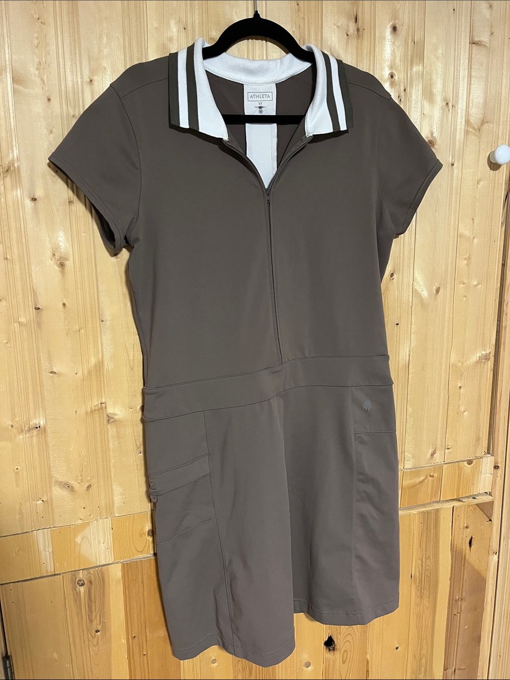 Athleta Taupe Short-Sleeve Polo Dress with Striped Collar